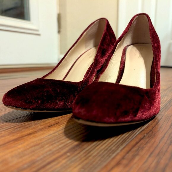 Kate Spade Sybil Burgundy Velvet Pumps with Rhinestone Block Heels Vero Cuoio - Picture 7 of 14